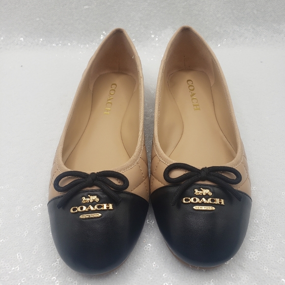 Coach Allyson Quilted Ballet Flats Leather Classic Neutral Beechwood Black sz 6 - Picture 1 of 16